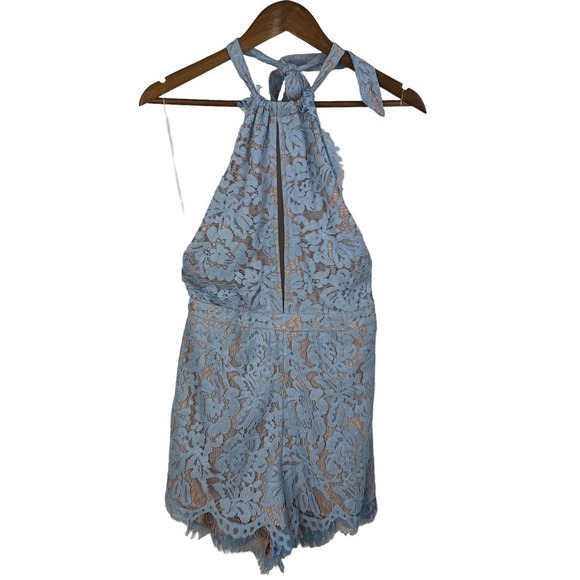 DO+BE EYELASH LACE OVERLAY CUTOUT OPEN BACK HALTER ROMPER SKY BLUE MEDIUM EUC - Picture 5 of 13